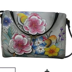 ANNA BY ANUSCHKA crossbody. Leather. Hand painted. floral birds. newer condition